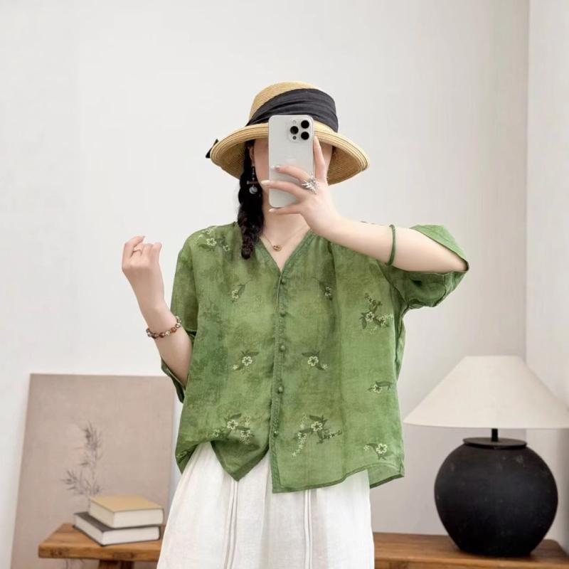 シャツ レディース 夏 ゆったり Vネック 刺繍 7分袖 シングルブレスト ラミー麻 トップス コーディネート 普段使い 軽量 通勤 伸縮性