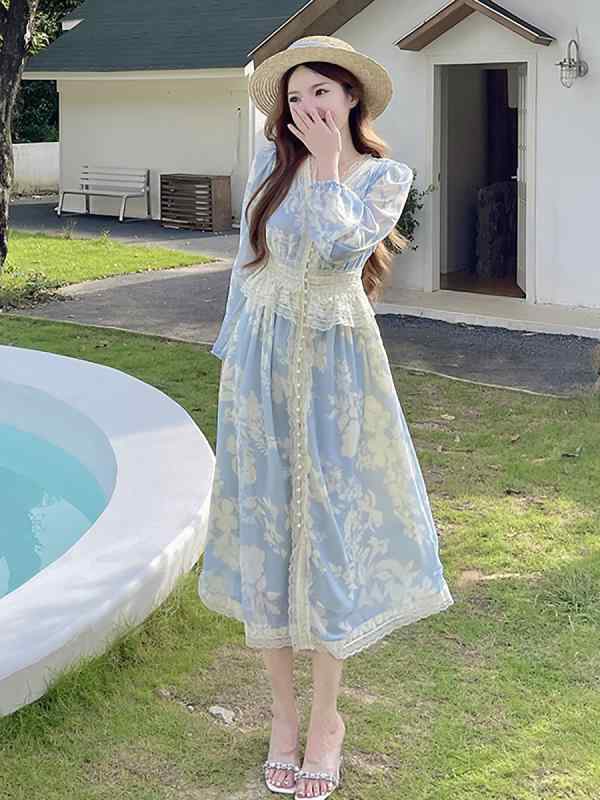レディース ワンピース 春夏 レース フリル ロングドレス パール ボタン ウエスト シェイプ 細見え スカート 軽やか 素材 女性用 ドレス｜ホープ