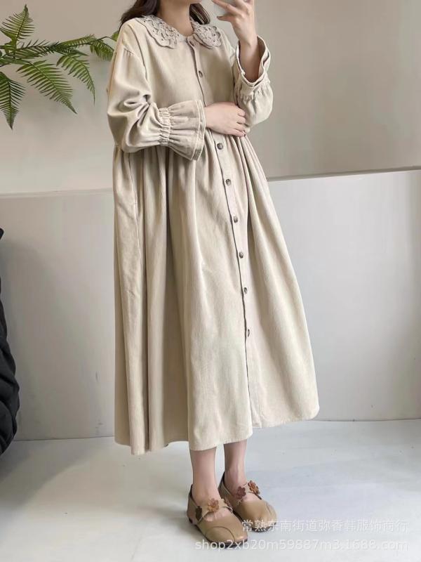 レディース ワンピース 秋冬 コーデュロイ ドールスカート レース フリル 森ガール 甘め フェミニン レトロ ナチュラル スタイル 日常使い