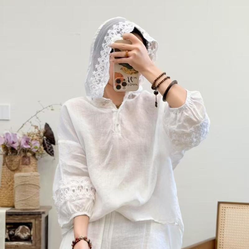 シャツ レディース フード付き レース 透け感 UVカット 長袖 ゆったり ジッパー ラミー 春夏 軽量 吸湿速乾 普段使い 通勤 通年