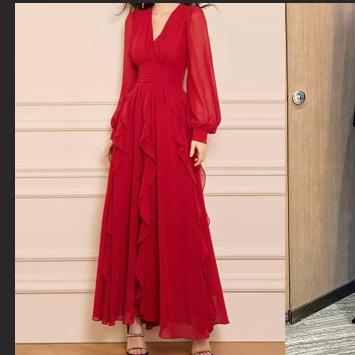 春夏 レディース ロングドレス Vネック 長袖 フリル ウエストシェイプ サイドスリット 結婚式 パーティー パーティー用 エレガント フォーマル イブニング ガウン