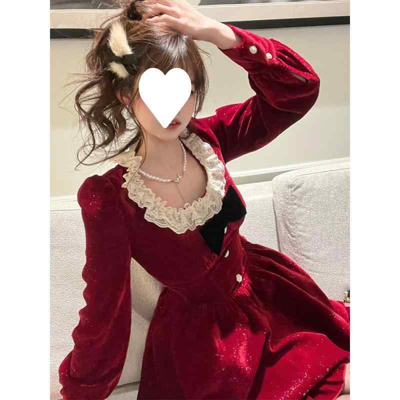 ワンピース レディース フレンチ レトロ 長袖 赤 ベルベット ナチュラル 秋冬 レース プリンセス ドレス 暖かみ 膝丈 フェミニン イブニング フォーマル 着回し