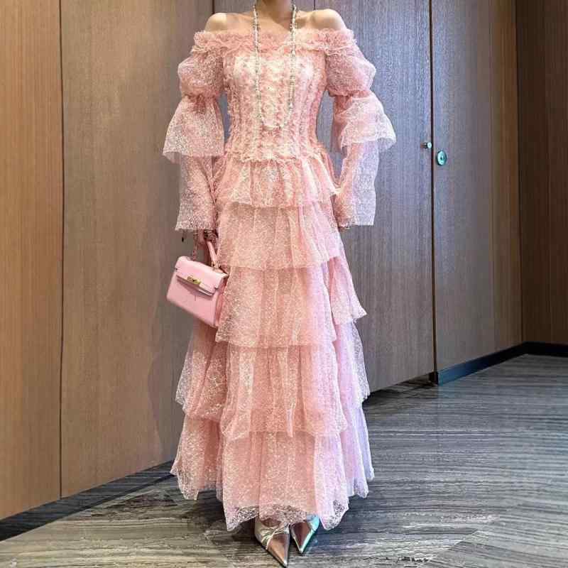 ワンピース レディース 春夏 フレンチ宮廷風 ロングドレス レース刺繍 切り替え チュール 高級感 細工 フェミニン イブニング ドレッシー 21,460円