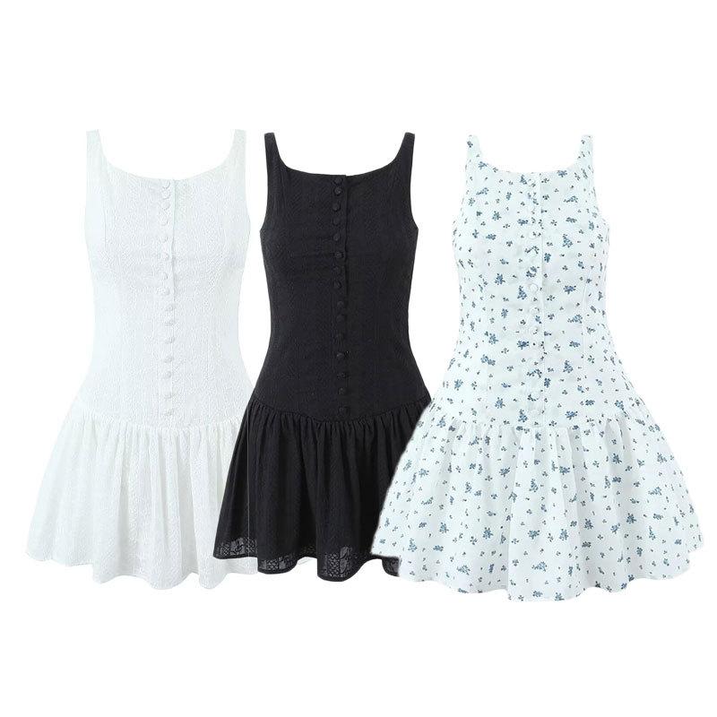 ワンピース レディース 夏用 かわいい ミニ フレンチスタイル 花柄プリント ショート丈 ボートネック フロントボタン プリーツ レース 装飾 無袖 背中開き