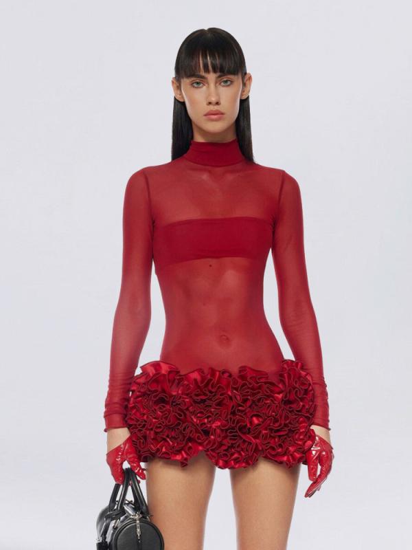 レディース セクシー シースルー 立体 ミニ ハイネック 長袖 ワンピース ドレス 女性用 トップス かわいい スタイル 普段使い 通勤 軽量 伸縮性｜ホープ