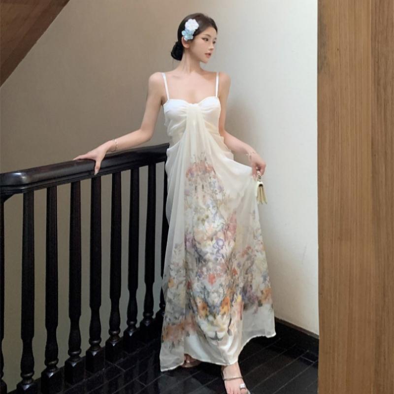 レディース 夏 ロング ワンピース 海辺 リゾート 華やか リボン フレンチ スタイル かわいい セクシー 背中開き ストラップ ドレス ビーチウェア 軽やか