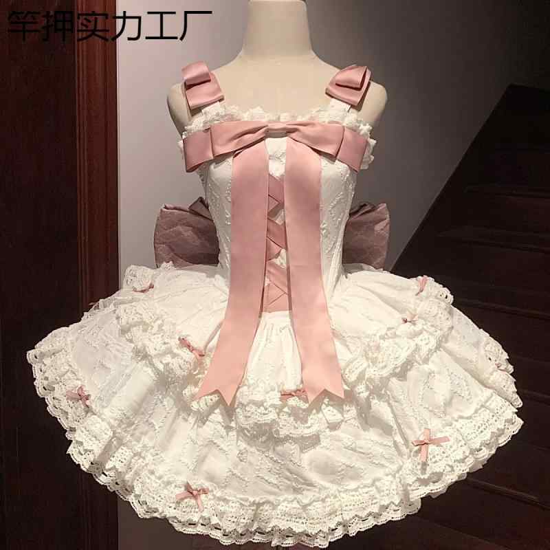 ロリータ ワンピース 初恋 サテン リボン ワイド 夢 洋装 JK スタイル かわいい フリル 装飾 ゴシック フェミニン 少女 服 甘め コーデ