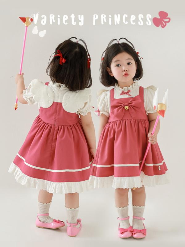 ワンピース 女の子 ロリータ 蝶結び パフスリーブ 夏用 スイート かわいい フリル リボン レース ドレス 甘め スタイル