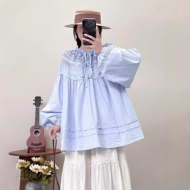 長袖シャツ レディース 秋 森ガール風 レース 切り替え リボン ゆったり 大きめサイズ かわいい スリム見え プルオーバー トップス カジュアル ナチュラル フレッシュ