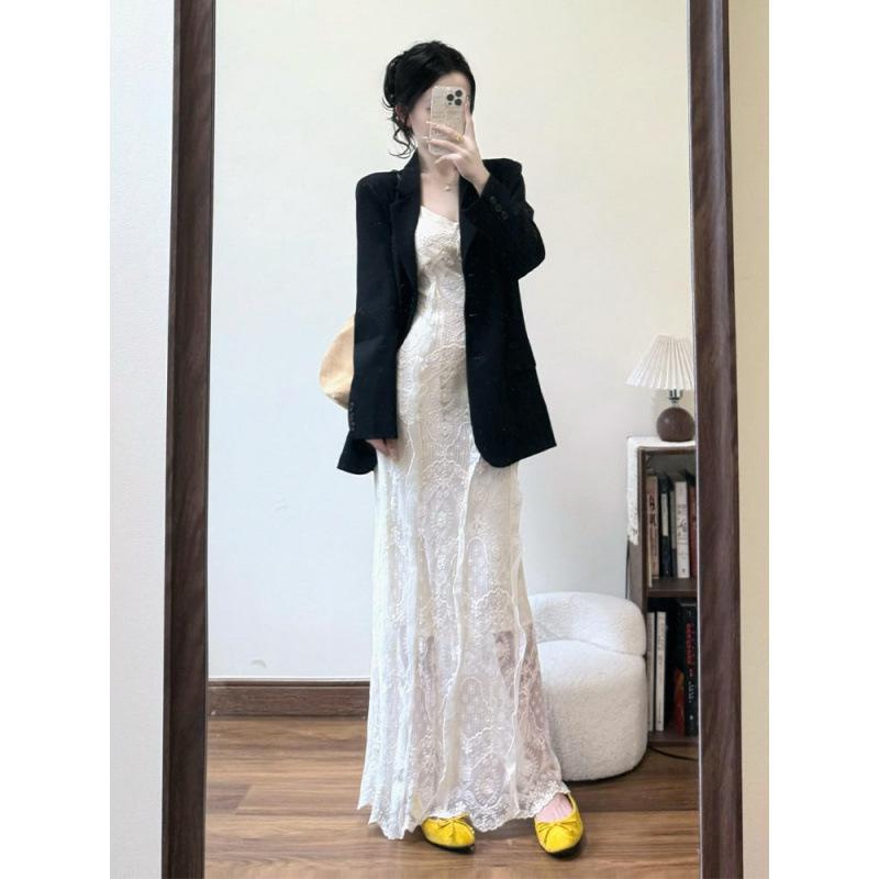 ワンピース レディース 春夏 韓国スタイル セットアップ レース キャミソール タイプ スーツ ジャケット ゆったり シルエット 上品 軽量 素材 普段使い 対応 ブラック ピンク系 色