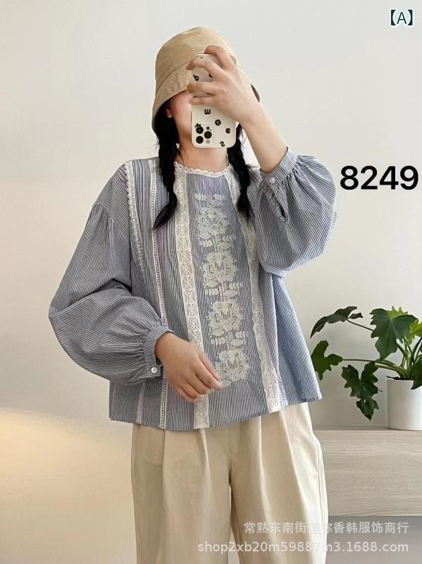 レディース 秋 レース 花柄 透け ブルーストライプ シャツ 体型カバー ゆったりシルエット 高級感 ユニーク ブラウス トップス カジュアル