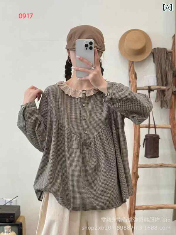 レディース シャツ 秋 ゆったり 長袖 チェック柄 綿素材 レース襟 切り替え コントラストカラー トップス ブラウス 芸術的 ボヘミアン風 カジュアル