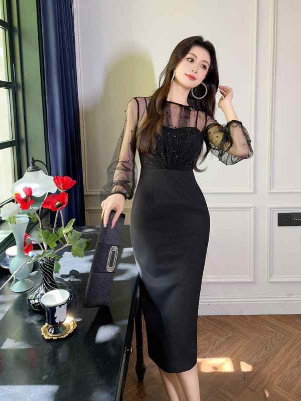 ワンピース 女性用 秋 セクシー レース 切り替え ヒップハグ イブニングドレス ファッション タイトシルエット エレガント 膝丈 ベアバック 光沢素材