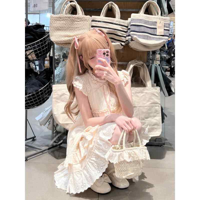 ワンピース レディース 女子学生 夏 プリンセス風 パフスリーブ フリル 木耳縁 小柄対応 スリム かわいい フェミニン 軽量 涼しい 通学用 普段使い コットン混 フレアシルエット ピンク系