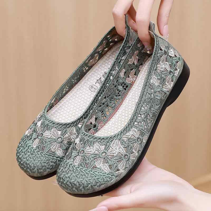 レディース フラットシューズ メッシュ 刺繍 レトロ スタイル 布 軽量 防滑 カジュアル 日常使い 快適 歩きやすい ママシューズ ｜ホープ