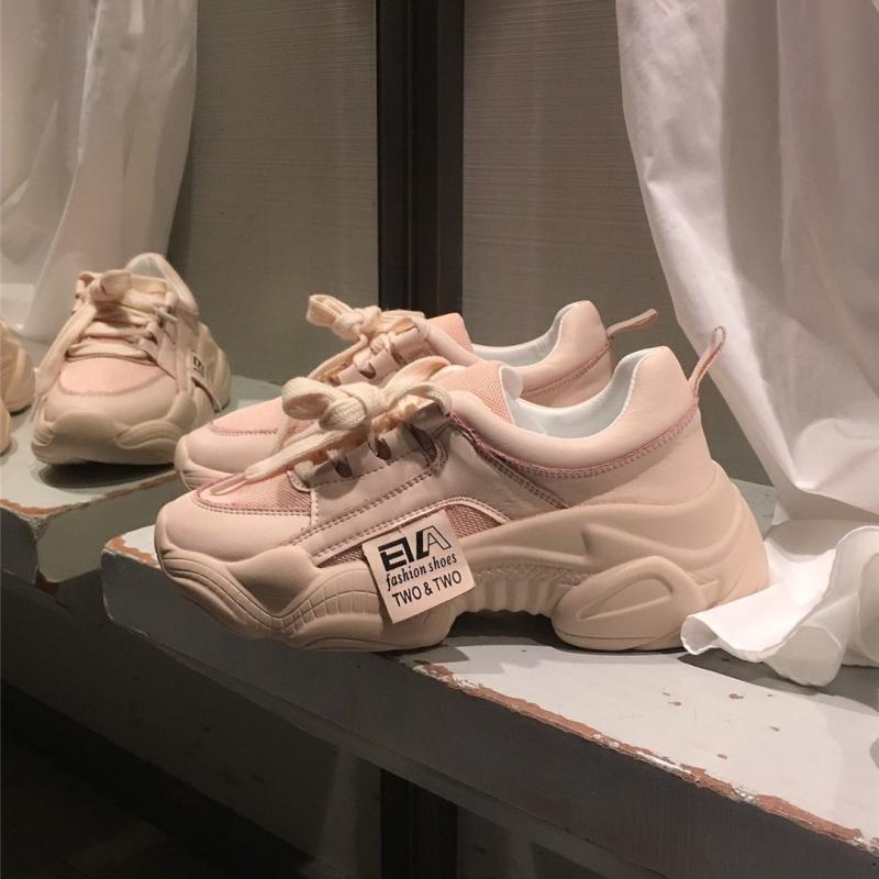 スニーカー 女性用 厚底シューズ 革 ピンク メッシュ 通気性 吸湿速乾 カジュアル スポーツ レジャー 日常使い 夏 快適 軽量
