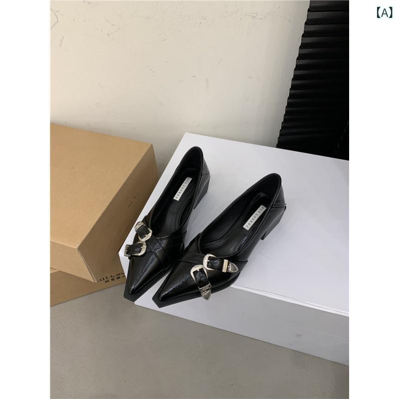 レディース ポインテッドトゥ チャンキーヒール パンプス 韓国 レトロ メタルバックル 性 ユニーク 春秋 普段使い スタイリッシュ 快適