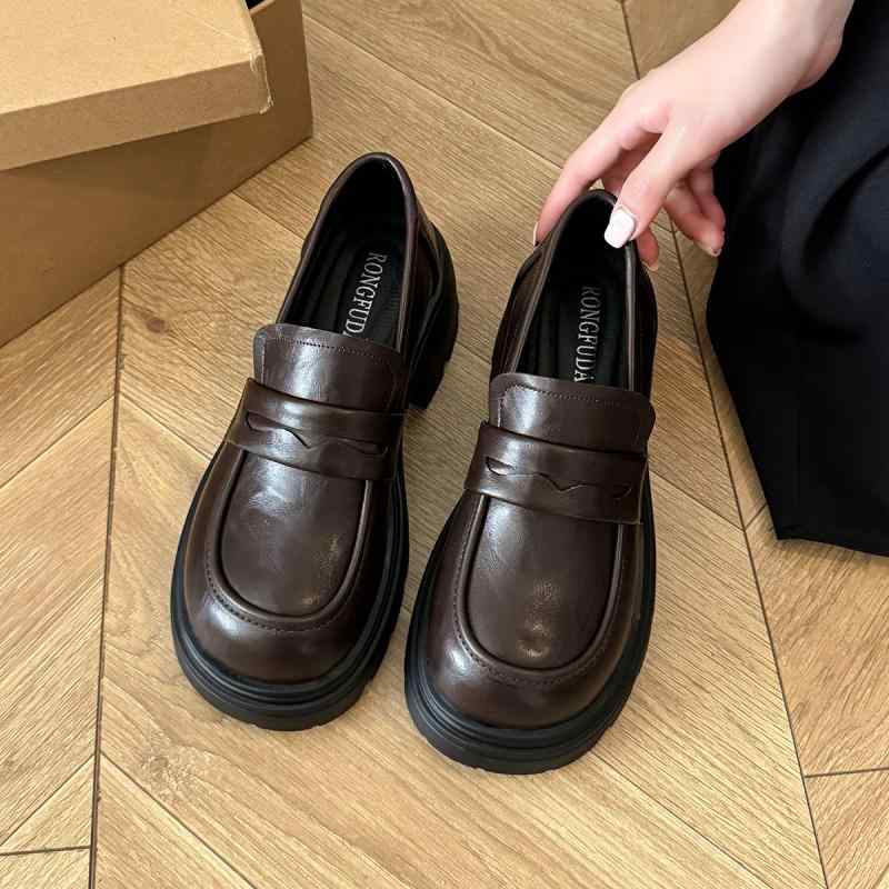 ローファーシューズ 女性用 厚底 黒 ラウンドトゥ 太ヒール 春 学院風 JKスタイル 合わせやすい カジュアル デイリー 通学用 合成革 快適 軽量 伸縮性