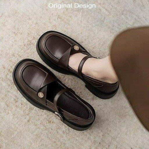 女性用 厚底 メアリージェーン ローファーシューズ スクールスタイル 秋冬 ベーシック 簡単履き フラットシューズ 革素材 軽量 伸縮性