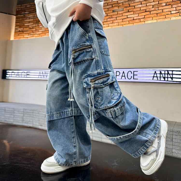 男の子用 デニムパンツ 韓国 ストリートダンス風 ヒップホップ ワークパンツ ストレート ワイドレッグ 中大サイズ 春秋 カジュアル 伸縮性 コットン混 普段使い