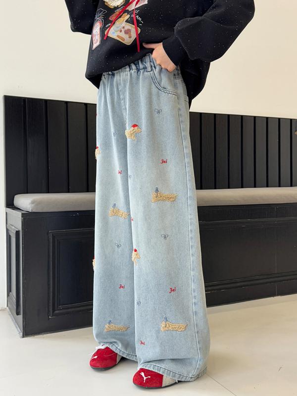 女の子用 デニムパンツ ゆったり ストレート 刺繍入り 春秋 長丈 子供服 カジュアル 普段使い 通学 伸縮性 軽量