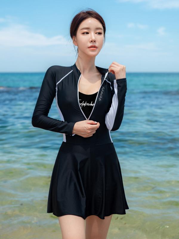 レディース 夏用 水着 セパレート タイプ ロングスリーブ UVカット サーフィン 温泉 3点セット スカート スタイル ボクサーパンツ ボトム 軽量 速乾 伸縮性