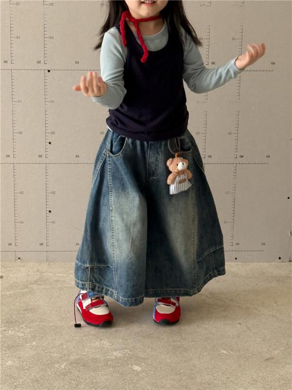 女の子 デニムパンツ ワイドレッグ ロングパンツ 秋 カートゥーン チャーム 子供用 コットン ビッグシルエット 普段使い 伸縮性