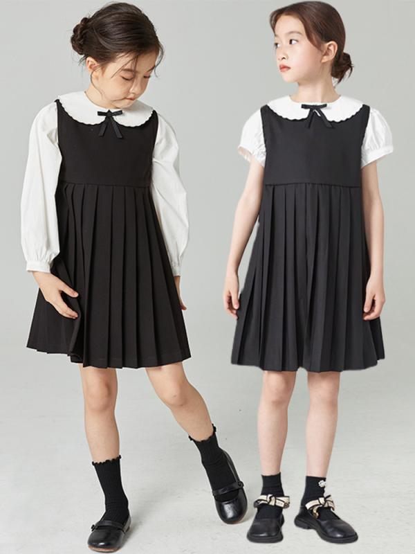 キッズ 女の子 秋 ワンピース フェイクツーピース プリーツスカート JKスタイル 学院 フォーマルドレス 演出用 かわいい 通学 普段使い 軽量 素材 コットン混 膝丈 フレアシルエット ピンク系 アイボリー