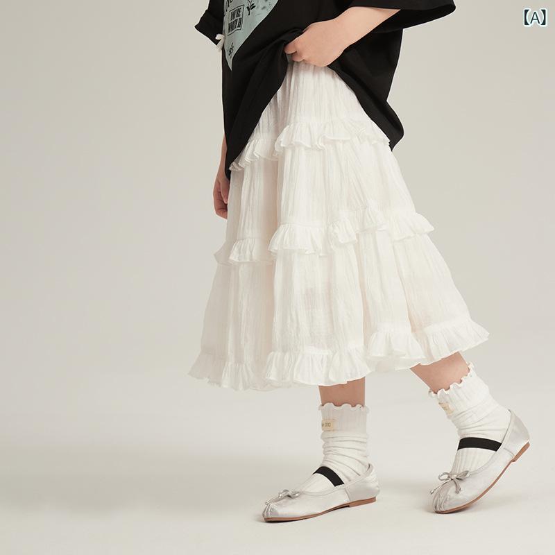 女の子 スカート 白 春 フリル ティアードスカート フランス かわいい ミディ丈 ロングスカート 子供服 合わせやすい 軽やか シフォン素材