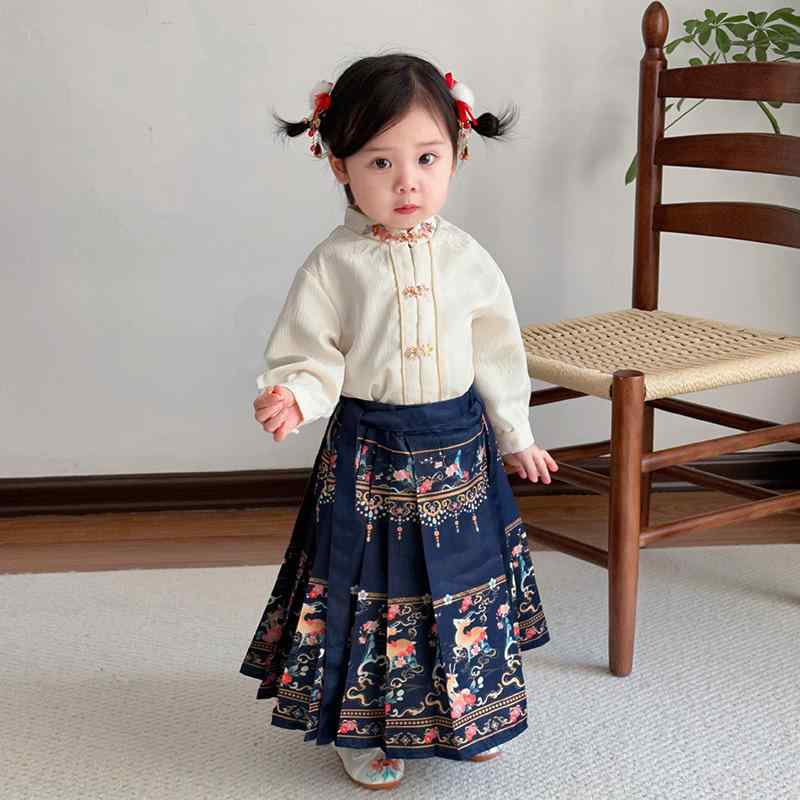 女の子用 漢服 馬面スカート 2点セット 春秋 伝統衣装 子供服 祭り着 かわいい 軽量素材