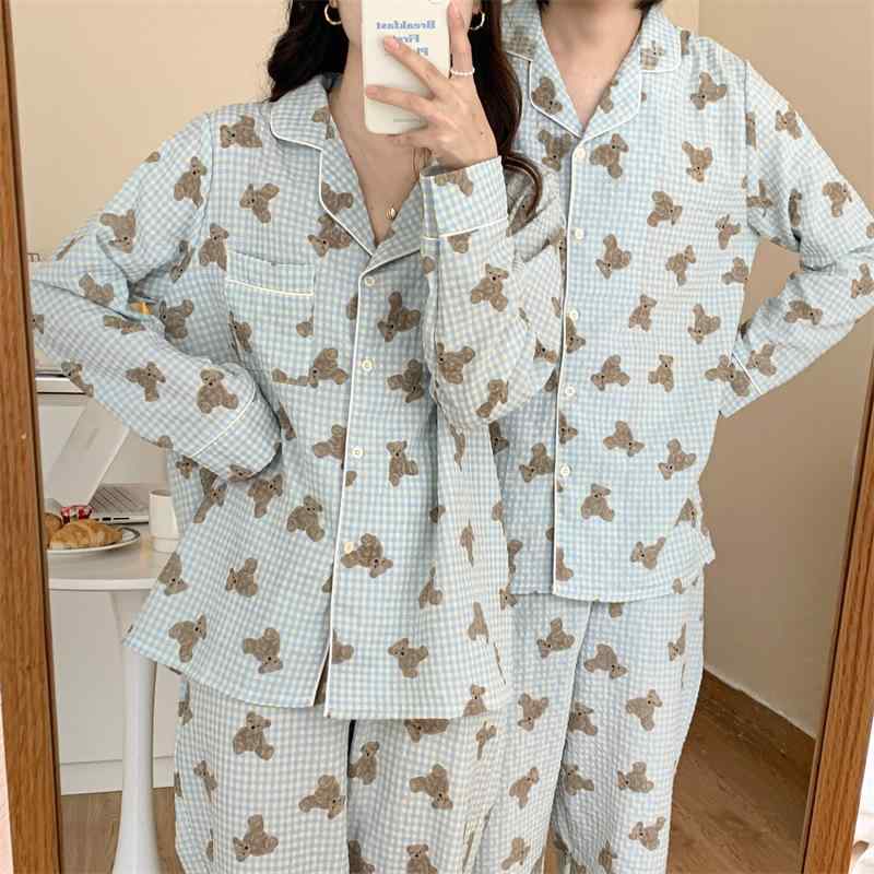 部屋着 セット ゆったり 長袖 長ズボン チェック柄 クマ柄 小襟 柔らかい素材 外出着 ホームウェア 快適 リラックス ソフトタッチ