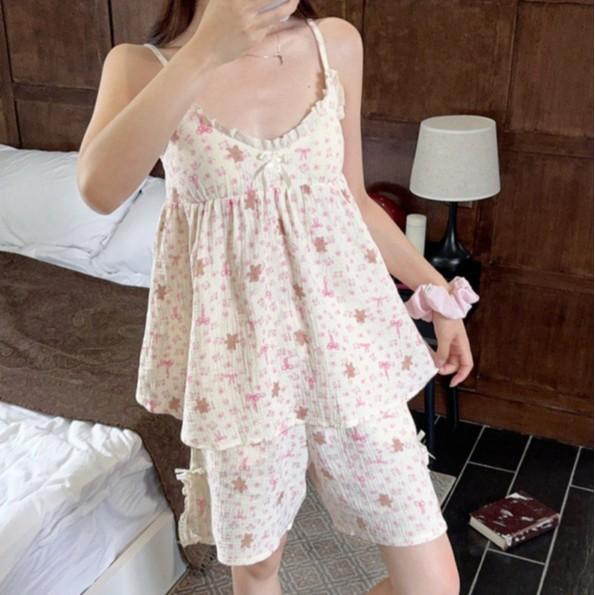 レディース 夏用 かわいい 少女 ロマンチック 小花柄 リボン クマ柄 ルームウェア パジャマ セット 綿素材 軽量 伸縮性 部屋着 通勤後 リラックス ピンク系 カラー 春夏 シーズン