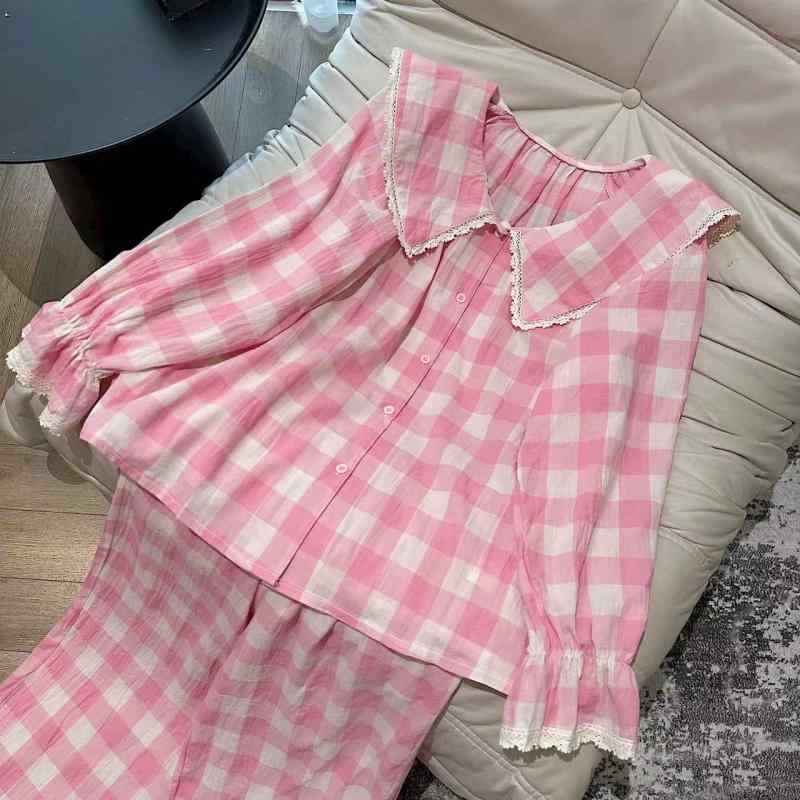 レディース ルームウェア パジャマ セット 春秋 チェック柄 レース縁 スタンドカラー かわいい 部屋着 寝間着 ゆったり 着心地 綿素材 ホーム