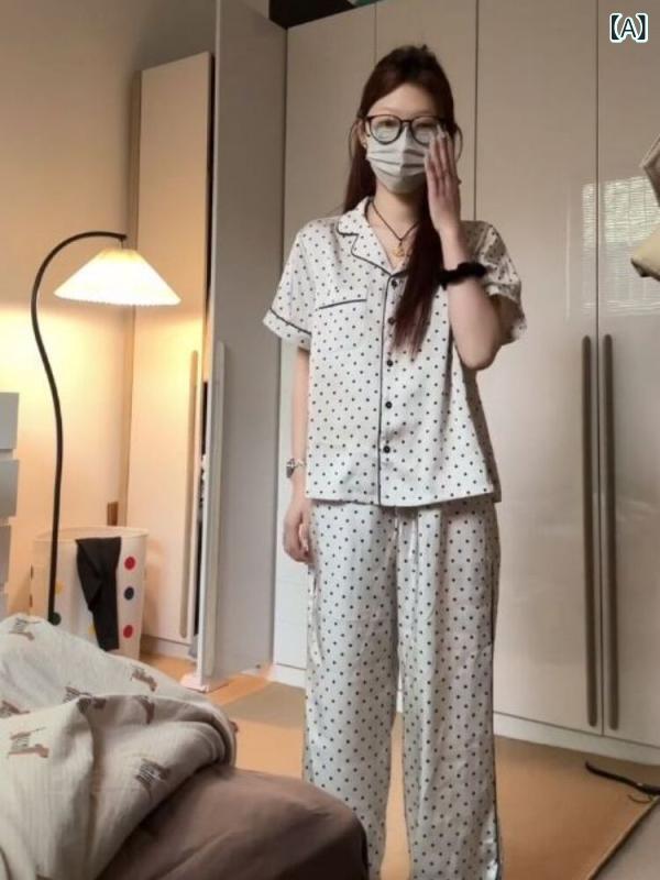 パジャマ レディース 接触冷感 サテン 長袖 長パンツ セット 春秋 ドット柄 ポルカドット 大きめサイズ 部屋着 高級感 伸縮性 軽量 ホームウェア