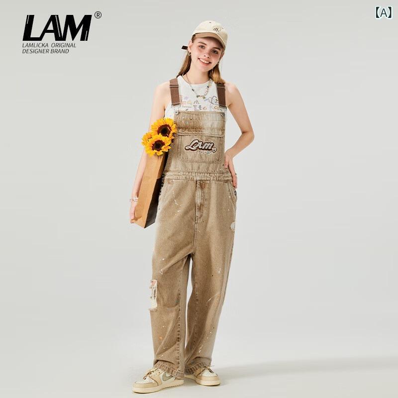 オーバーオールパンツ レディース デニム ストレート ヴィンテージ ウォッシュ 刺繍 アメリカン スタイル 秋 ゆったり カジュアル 普段使い 通勤 軽量 伸縮性