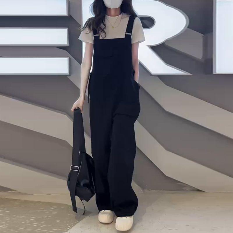 連体ズボン 女性用 デニム サロペット 黒 ゆったり 高腰 ストレート シルエット スリム 効果 肉隠し 小柄 対応 ワーク スタイル カジュアル 普段使い 軽量 伸縮性