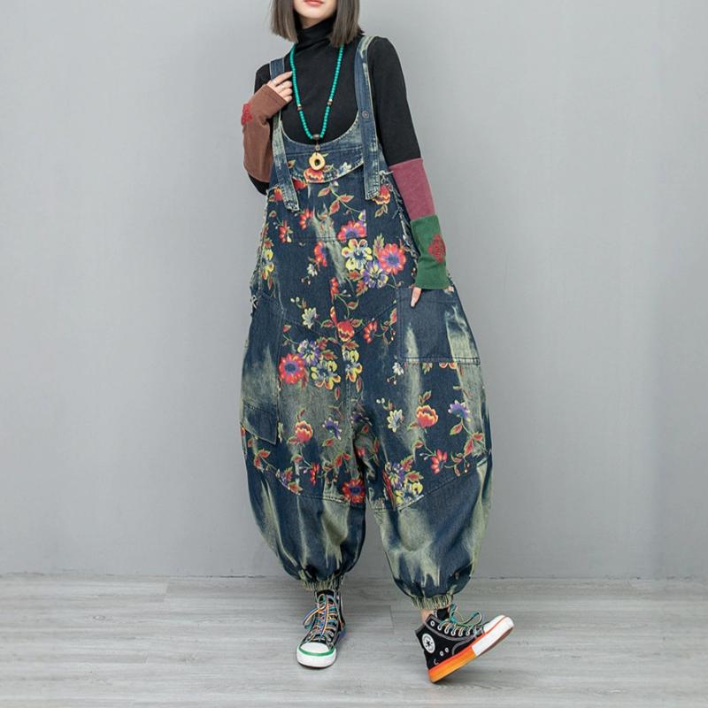デニム つなぎパンツ レディース プリント ヴィンテージ加工 ゆったり ハイウエスト ワイドレッグ 個性的 スリム効果 春秋 カジュアル 普段使い ストレッチ コットン混 ブルー系