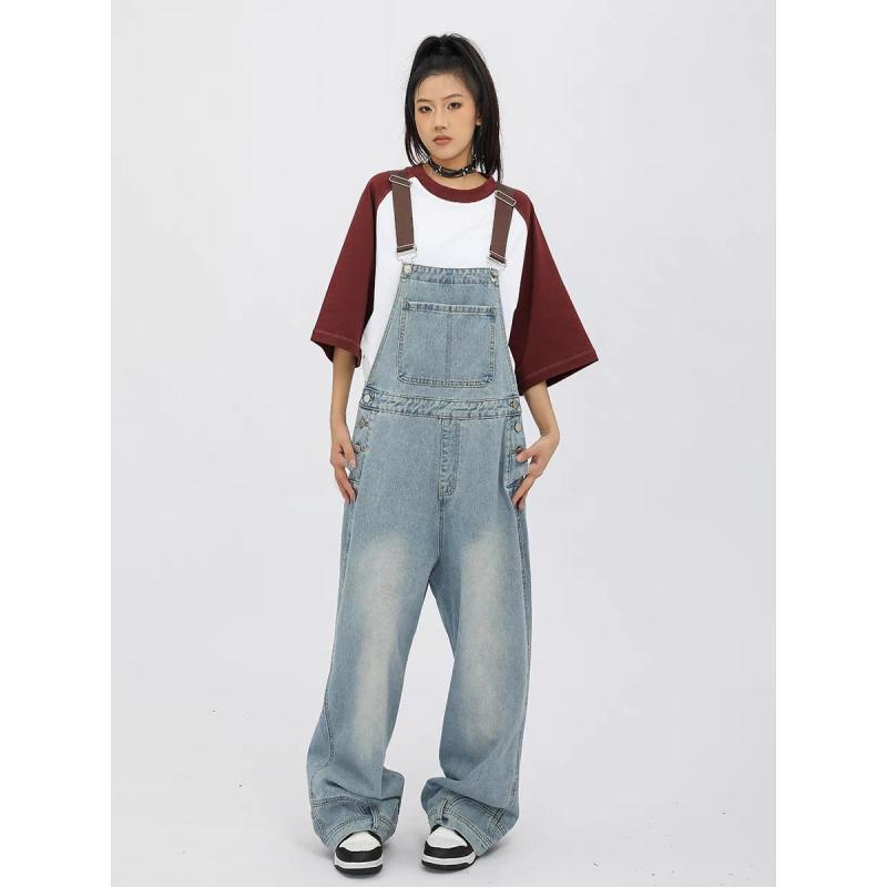 デニムパンツ レディース 春秋 アメリカン ストリート 逆切り替え サスペンダー ワイドレッグ ワーク デニム ボトムス カジュアル ストレッチ 素材 コットン 混 ハイウエスト