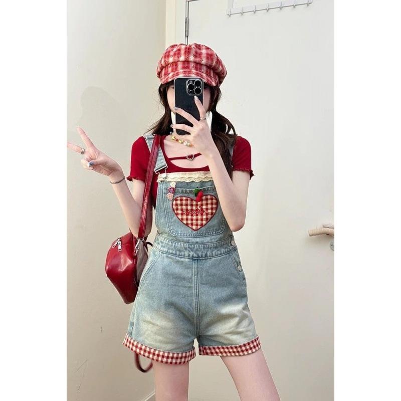 サロペット レディース デニム チェック柄 ハート 切り替え ストレートパンツ 韓国 フリル かわいい 少女らしい カジュアル 普段使い 伸縮性 軽量 綿混 ビッグシルエット