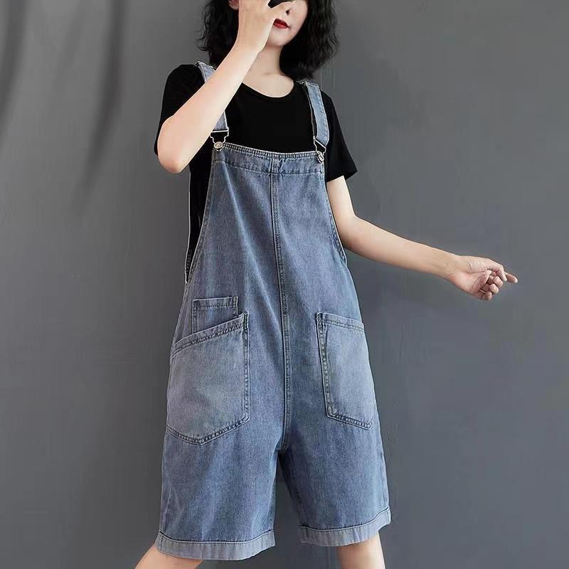 レディース デニム サスペンダー ショートパンツ ワイドレッグ 5分丈 ゆったり 大きめポケット フィット スリム見せ 夏秋 ビッグサイズ 普段使い ストレッチ デニム素材