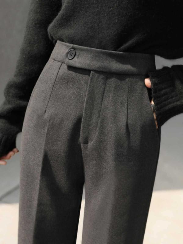 レディース パンツ 秋冬 ウール混 スーツ 高腰 厚手 ワイドレッグ テーパード 9分丈 小柄対応 ビジネス 普段使い ストレッチ 暖かみ ブラック グレー ネイビー