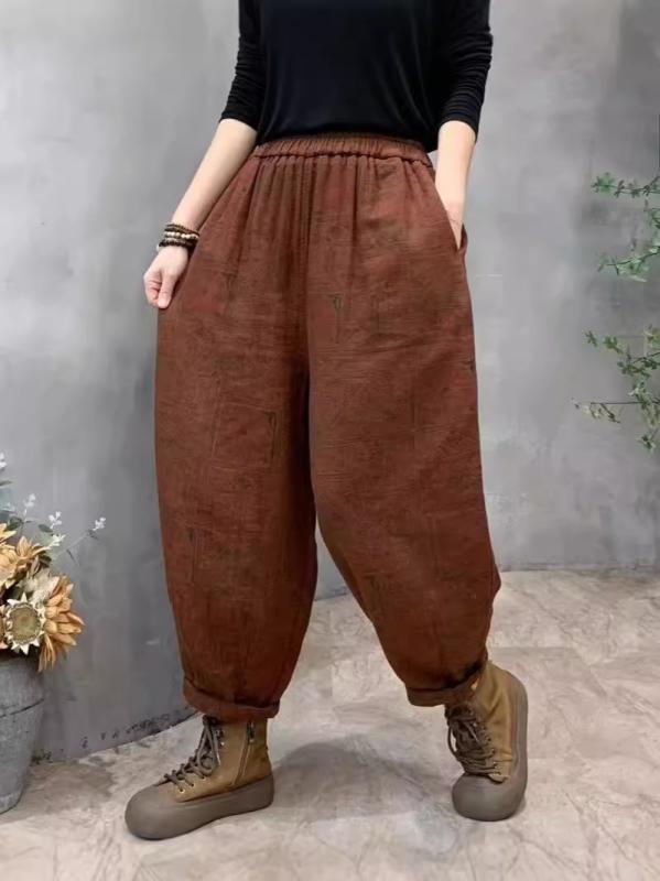 女性用 パンツ 秋 レトロ フラワープリント 二層レース 小花柄 ゆったり フィット カジュアル 普段使い 軽量 伸縮性 吸湿速乾