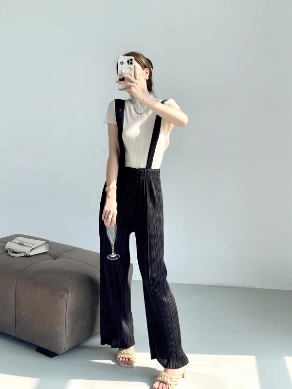 レディース プリーツ サスペンダー パンツ 春夏 ペティート 小柄対応 上品 通勤 カジュアル 高級感 軽やか スタイル 日常使い エレガント