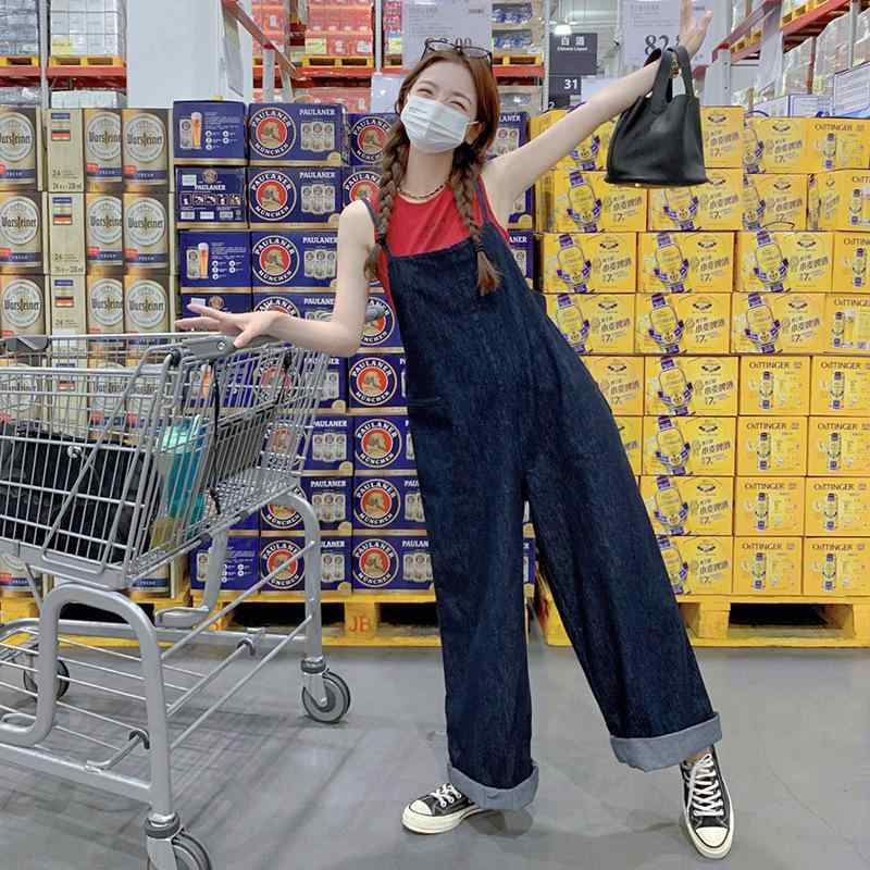 サロペット 女性用 デニム ノースリーブ 薄手 ワイドレッグ ストレート スリム 日系 カジュアル 春秋 普段使い 綿素材 ゆったりシルエット