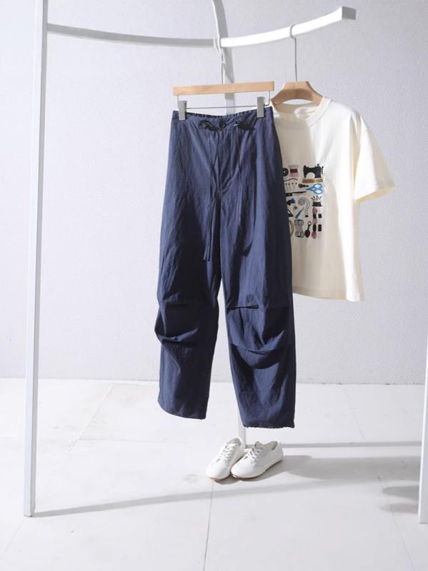 女性用 ハイウエスト プリーツ カーゴパンツ リネン コットン 薄手 通気性 伸縮性 ドローストリング ロングパンツ カジュアル 普段使い