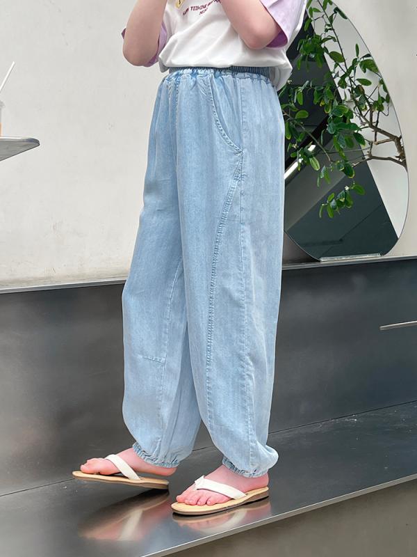 女の子 デニムパンツ ゆったり 薄手 裾絞り 夏用 カジュアル ワイドシルエット コットン混 通気性 速乾 普段使い おしゃれ