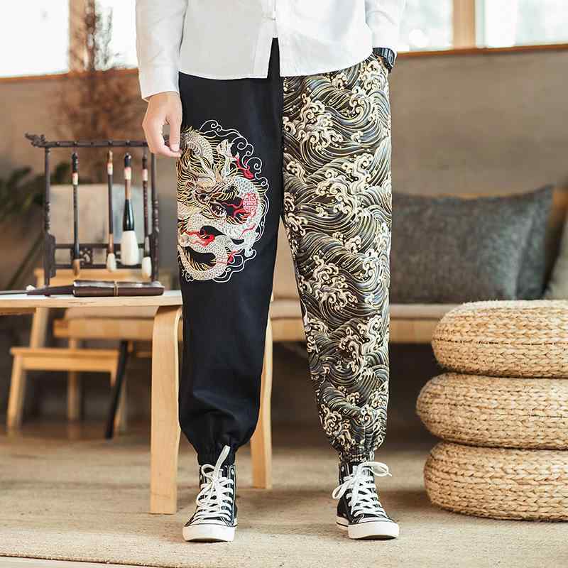 メンズ 秋冬 中国 刺繍 龍柄 ビッグサイズ ロングパンツ ワーク カーゴ カジュアル 普段使い アウトドア エスニック 男性用