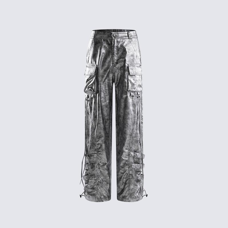 メンズ ロングパンツ シルバー メタリック ストレート ワーク ストリート レトロ アーバン 耐久 ボトムス ファッション 都市スタイル