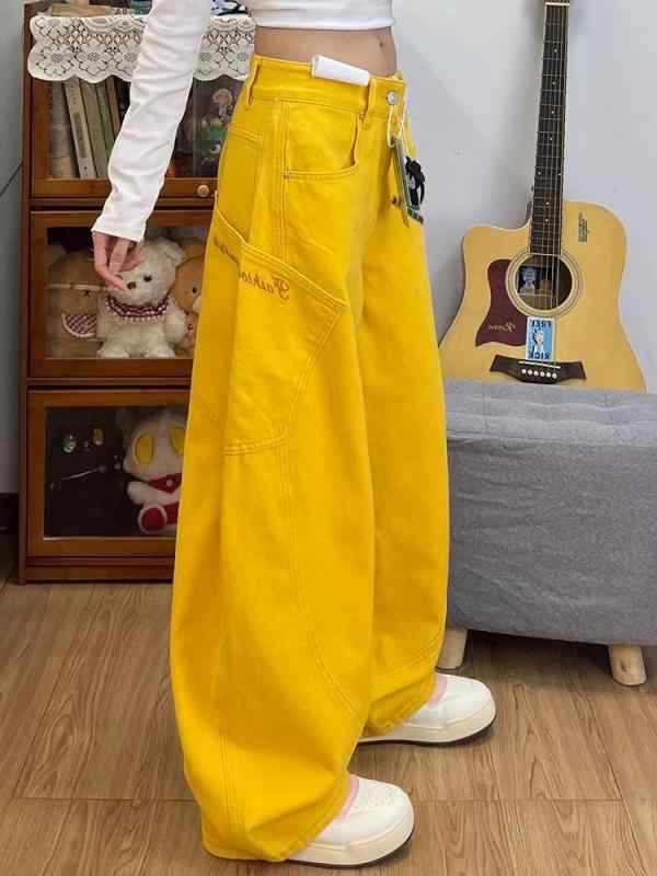 デニムパンツ レディース 夏 イエロー ワイドレッグ ワークスタイル フィット ドレープ感 ストレートレッグ カジュアル 普段使い デニム素材 軽量 快適