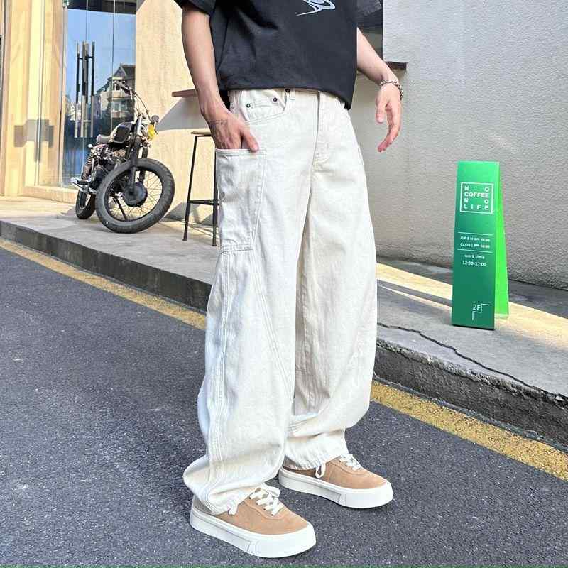 メンズ ワイドレッグ デニムパンツ 夏用 アメリカンスタイル ストレート カジュアル ワークパンツ ジーンズ 普段使い 軽量 伸縮性